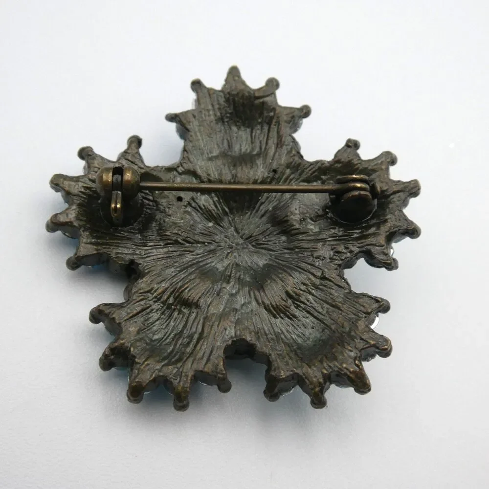 Vintage Antique Bronze Floral Brooch Aquamarine Blue Rhinestone Cluster Pin 1.5